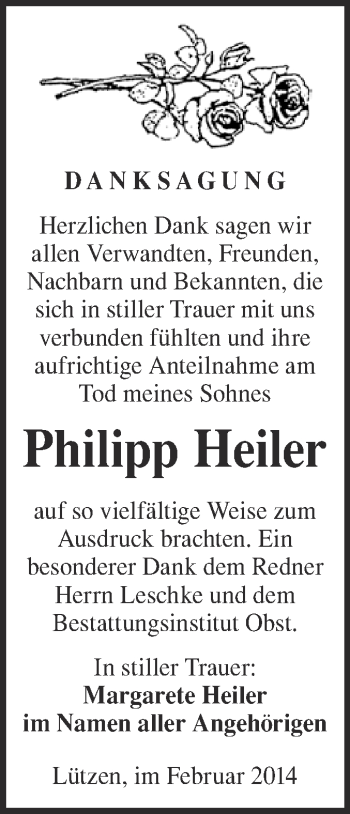 Traueranzeige von Philipp Heiler von Super Sonntag Merseburg