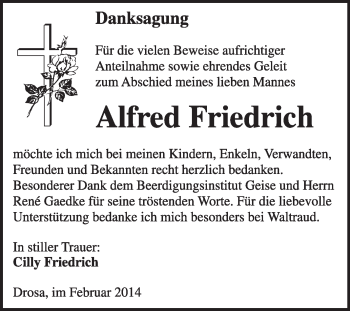 Traueranzeige von Alfred Freidrich von Super Sonntag Dessau / Köthen