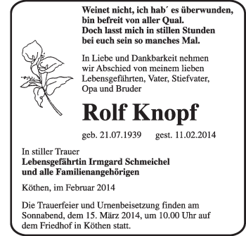 Traueranzeige von Rolf Knopf von Super Sonntag Dessau / Köthen