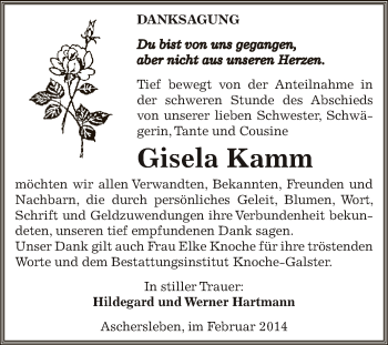 Traueranzeige von Gisela Kamm von WVG - Wochenspiegel Aschersleben