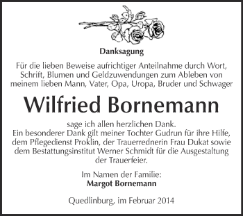 Traueranzeige von Wilfried Bornemann von WVG - Wochenspiegel Quedlinburg