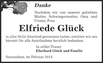 Traueranzeige von Elfriede Glück von Super Sonntag Zeitz