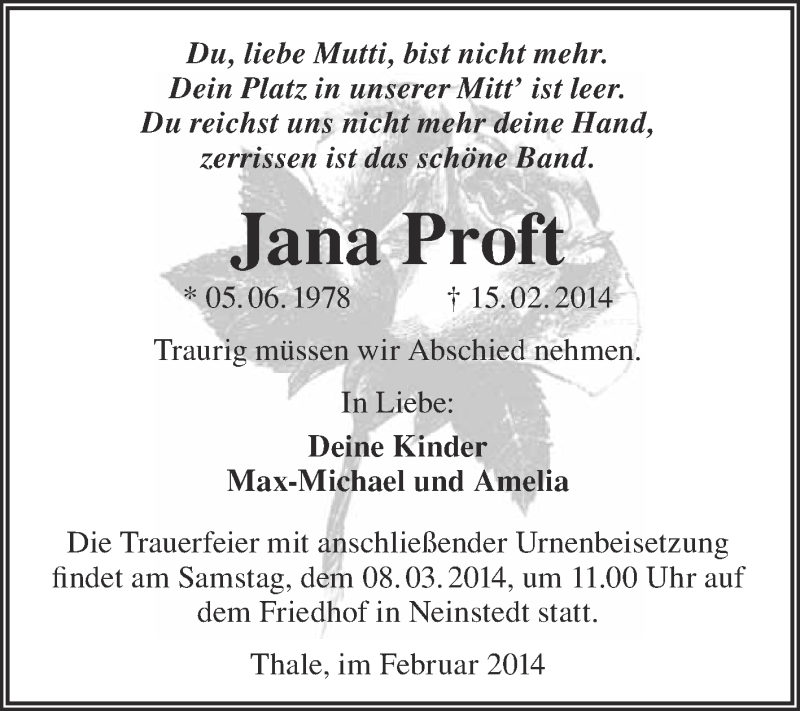  Traueranzeige für Jana Proft vom 23.02.2014 aus WVG - Wochenspiegel Quedlinburg