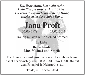 Traueranzeige von Jana Proft von WVG - Wochenspiegel Quedlinburg