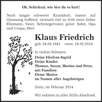 Traueranzeige von Klaus Friedrich von Super Sonntag Zeitz