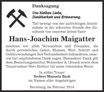 Traueranzeige von Hans-Joachim Maigatter von Super Sonntag Bernburg