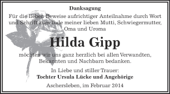Traueranzeige von Hilda Gipp von WVG - Wochenspiegel Aschersleben