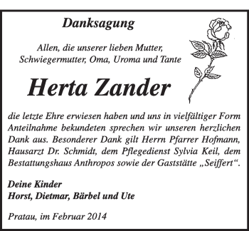 Traueranzeige von Herta Zander von Super Sonntag Wittenberg