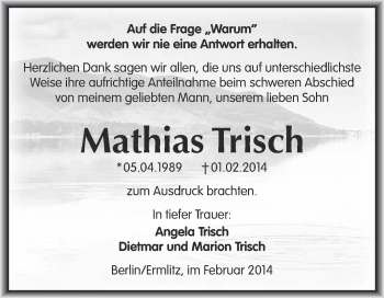 Traueranzeige von Mathias Trisch von WVG - Wochenspiegel Merseburg