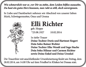 Traueranzeige von Elli Richter von Super Sonntag Wittenberg