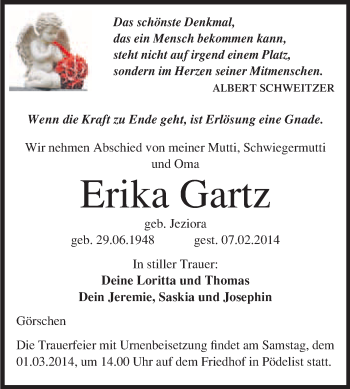 Traueranzeige von Erika Gartz von WVG - Wochenspiegel NMB / WSF / ZTZ