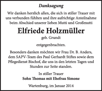 Traueranzeige von Elfriede Holzmüller von Super Sonntag Wittenberg