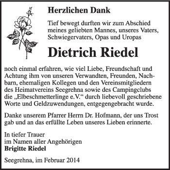 Traueranzeige von Dietrich Riedel von Super Sonntag Wittenberg