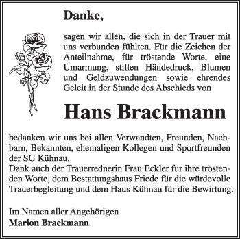 Traueranzeige von Hans Brackmann von Super Sonntag Dessau / Köthen