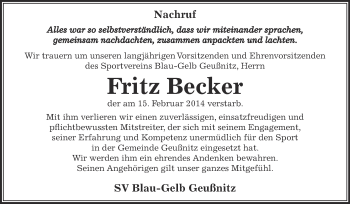 Traueranzeige von Fritz Becker von Super Sonntag Zeitz