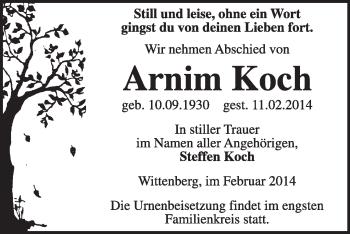 Traueranzeige von Arnim Koch von Super Sonntag Wittenberg