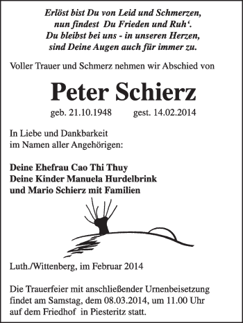 Traueranzeige von Peter Schierz von Super Sonntag Wittenberg