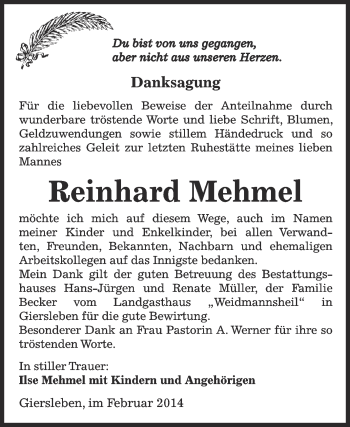 Traueranzeige von Reinhard Mehmel von Super Sonntag Aschersleben