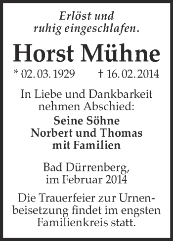 Traueranzeige von Horst Mühne von Super Sonntag Merseburg