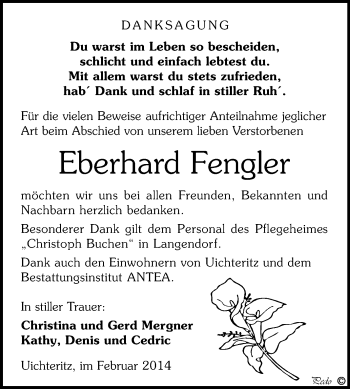 Traueranzeige von Eberhard Fengler von WVG - Wochenspiegel NMB / WSF / ZTZ