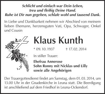 Traueranzeige von Klaus Kunth von Super Sonntag Merseburg
