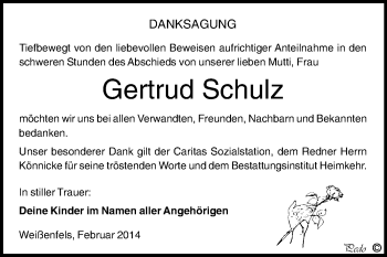 Traueranzeige von Gertrud Schulz von WVG - Wochenspiegel NMB / WSF / ZTZ