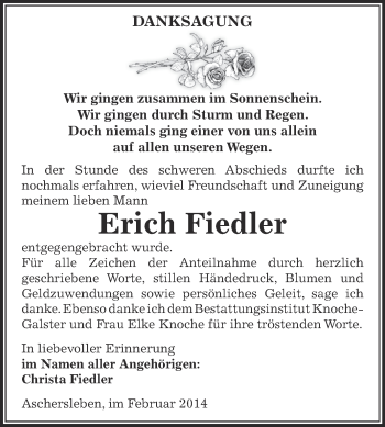 Traueranzeige von Erich Fiedler von Super Sonntag Aschersleben