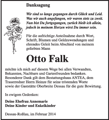 Traueranzeige von Otto Falk von Super Sonntag Dessau / Köthen