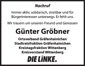 Traueranzeige von Günter Gröbner von Super Sonntag Wittenberg