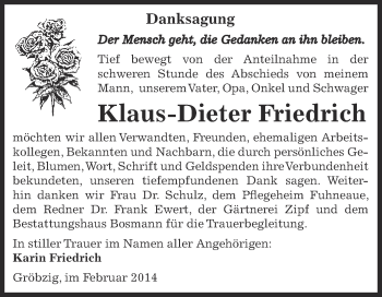 Traueranzeige von Klaus-Dieter Friedrich von Super Sonntag Bernburg