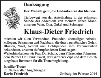 Traueranzeige von Klaus-Dieter Friedrich von Super Sonntag Dessau / Köthen