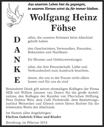 Traueranzeige von Wolfgang Föhse von Super Sonntag Bernburg