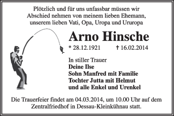 Traueranzeige von Arno Hinsche von Super Sonntag Dessau / Köthen