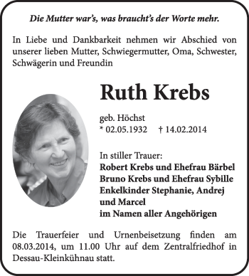 Traueranzeige von Ruth Krebs von Super Sonntag Dessau / Köthen