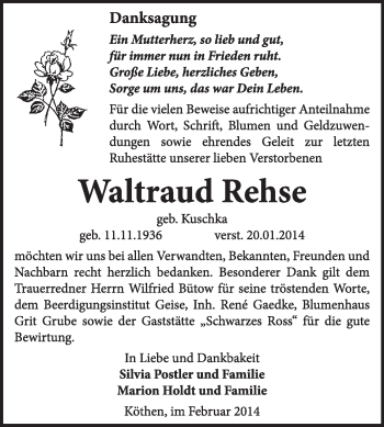 Traueranzeige von Waltraud Rehse von Super Sonntag Dessau / Köthen