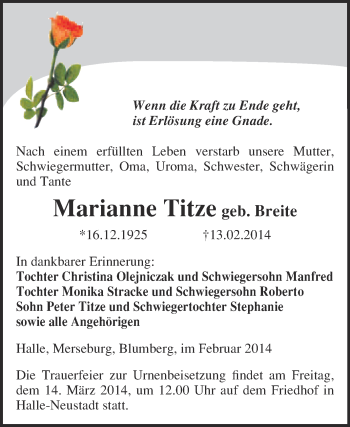 Traueranzeige von Marianne Titze von WVG - Wochenspiegel Merseburg
