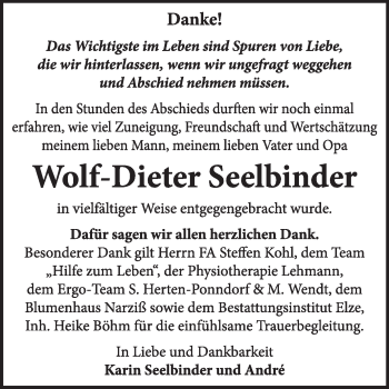 Traueranzeige von Wolf-Dieter Seelbinder von Super Sonntag Dessau / Köthen