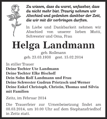 Traueranzeige von Helga Landmann von Super Sonntag Zeitz