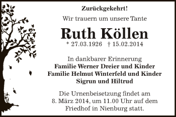 Traueranzeige von Ruth Köllen von Super Sonntag Bernburg