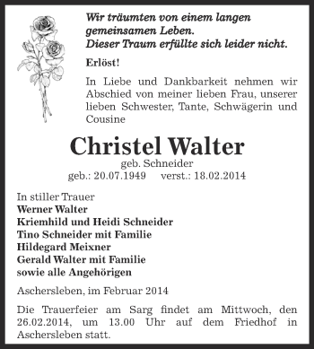 Traueranzeige von Christel Walter von Super Sonntag Aschersleben