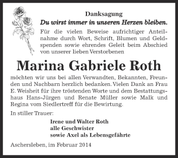 Traueranzeige von Marina Gabriele Roth von Super Sonntag Aschersleben