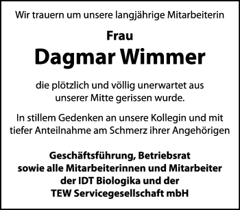 Traueranzeige von Dagmar Wimmer von WVG - Wochenspiegel Dessau / Köthen