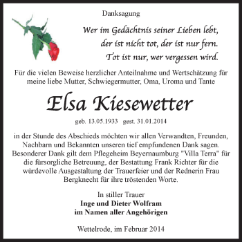 Traueranzeige von Elsa Kiesewetter von Super Sonntag SGH Mansf. Land