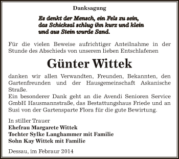 Traueranzeige von Günter Wittek von WVG - Wochenspiegel Dessau / Köthen