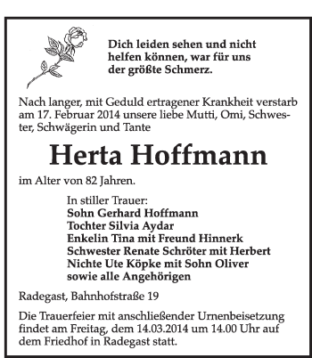 Traueranzeige von Herta Hoffmann von Super Sonntag Dessau / Köthen