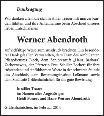 Traueranzeige von Werner Abendroth von WVG - Wochenspiegel Wittenberg