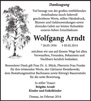 Traueranzeige von Wolfgang Arndt von Super Sonntag Dessau / Köthen