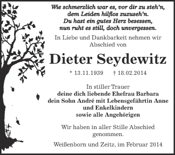 Traueranzeige von Dieter Seydewitz von Super Sonntag Zeitz