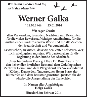 Traueranzeige von Werner Galka von Super Sonntag Dessau / Köthen