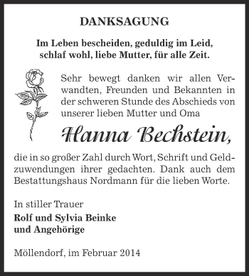 Traueranzeige von Hanna Bechstein von Wochenspiegel Mansfelder Land